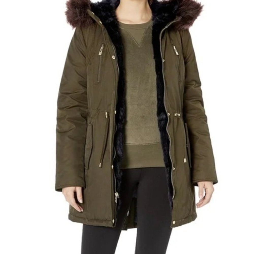 NWOT Betsey Johnson Olive Green Faux Fur Trim Hooded Utility Parka Jacket Size M
